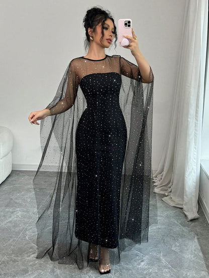Raffinéa 2pcs Sparkling Rhinestone Mesh Shawl & Bodycon Dress Set, Elegant Party Wear For Women