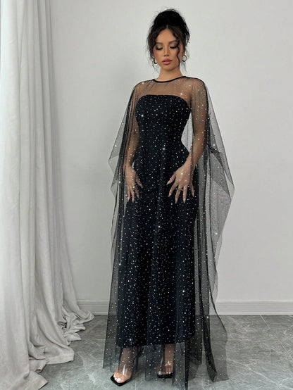 Raffinéa 2pcs Sparkling Rhinestone Mesh Shawl & Bodycon Dress Set, Elegant Party Wear For Women