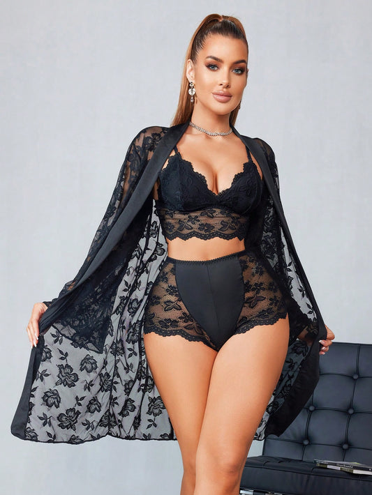 3pcs Women Lace Cardigan Outerwear + Sexy Lingerie Se طقم 3 قطع جوبير مشجر