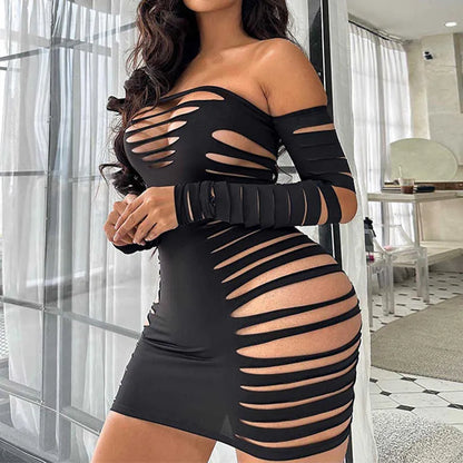 Sexy Hollow Striped Dress Long Sleeve Square Neck Off Shoulder