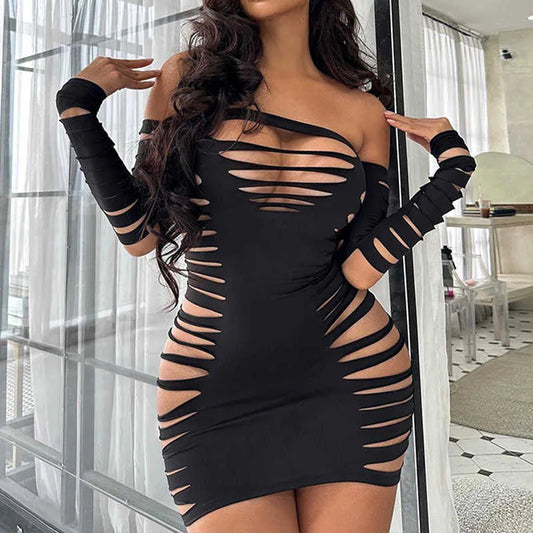 Sexy Hollow Striped Dress Long Sleeve Square Neck Off Shoulder