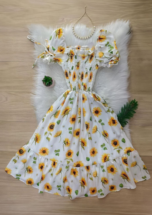 Sunflower Pattern Flare Square Neck Dress