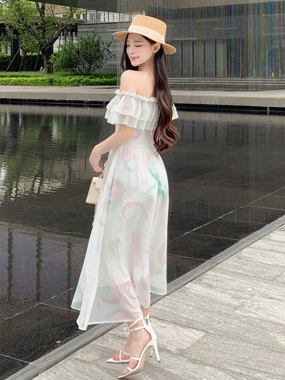 DAZY Women's Off Shoulder Chiffon Dress With Ruffle Trim Sundress