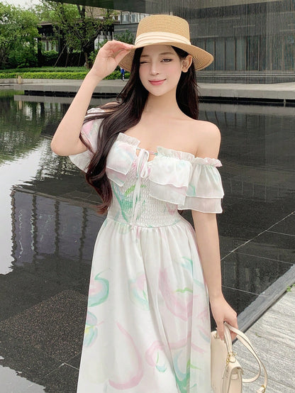 DAZY Women's Off Shoulder Chiffon Dress With Ruffle Trim Sundress