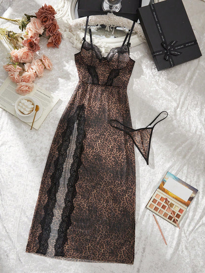 2pcs Women Leopard Print Lace Patchwork High Slit Maxi Dress Set For Going Out