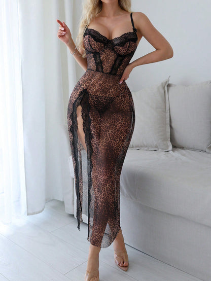 2pcs Women Leopard Print Lace Patchwork High Slit Maxi Dress Set For Going Out