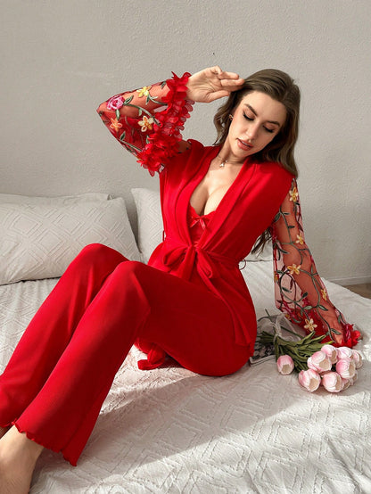 3pcs Lace Patchwork Floral Embroidered Sexy Women Pajamas Set بيجامه زبطه 3 قطع اكمام شيفون مع توب شيفون مع جوبير