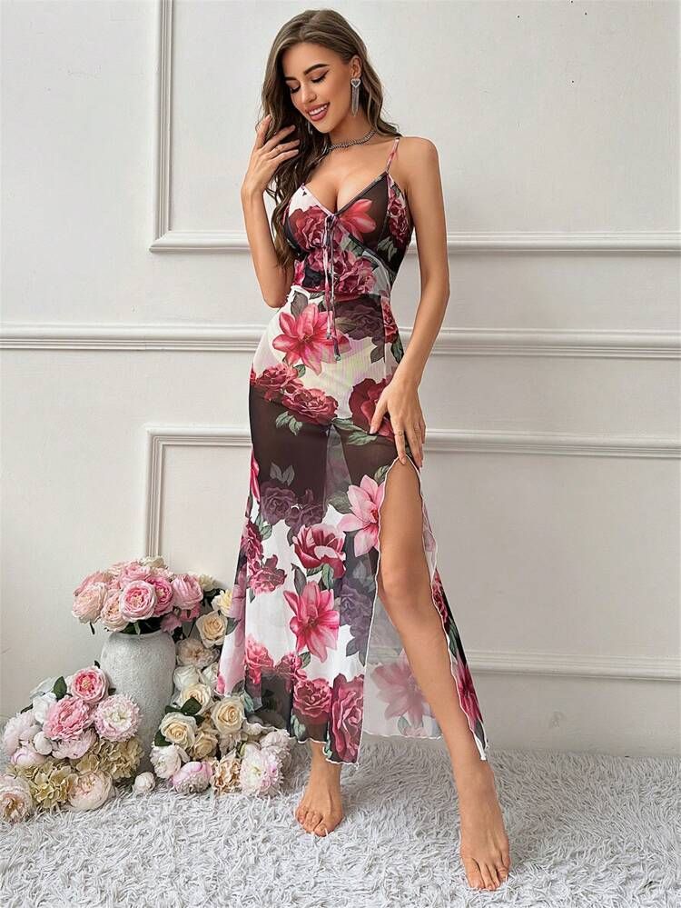 Floral Print Contrast Lace Split Thigh Mesh Cami Nightdress