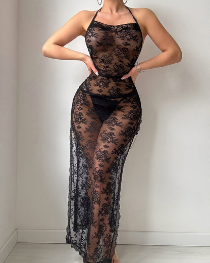 Luxurious Sexy Long Dress With Neck Hanging Embroidered Lace Mesh Slit شيفون طويل شفاف