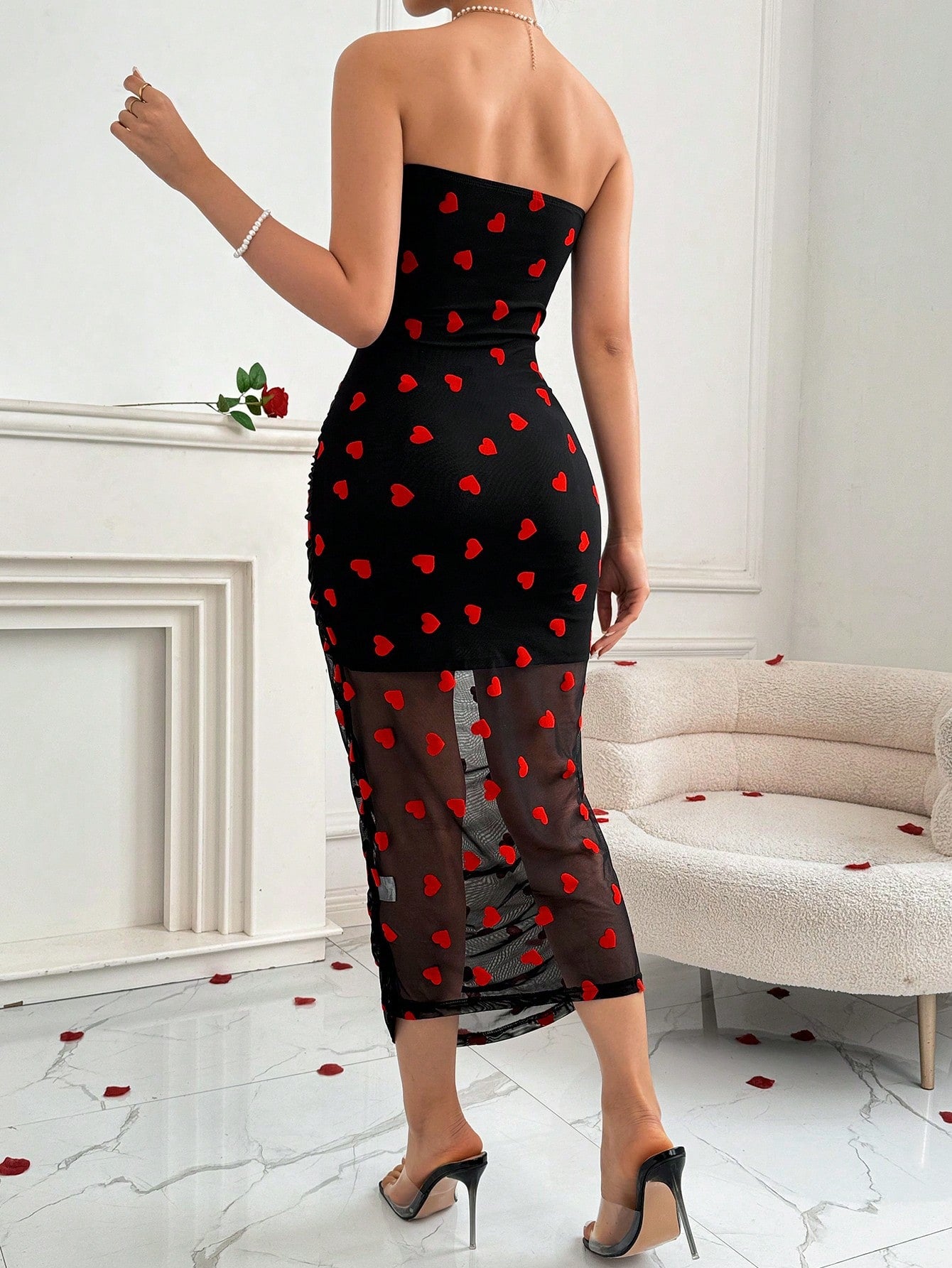 Valentine's Day Pleated Mesh Heart Pattern Print Bodycon Midi Dress