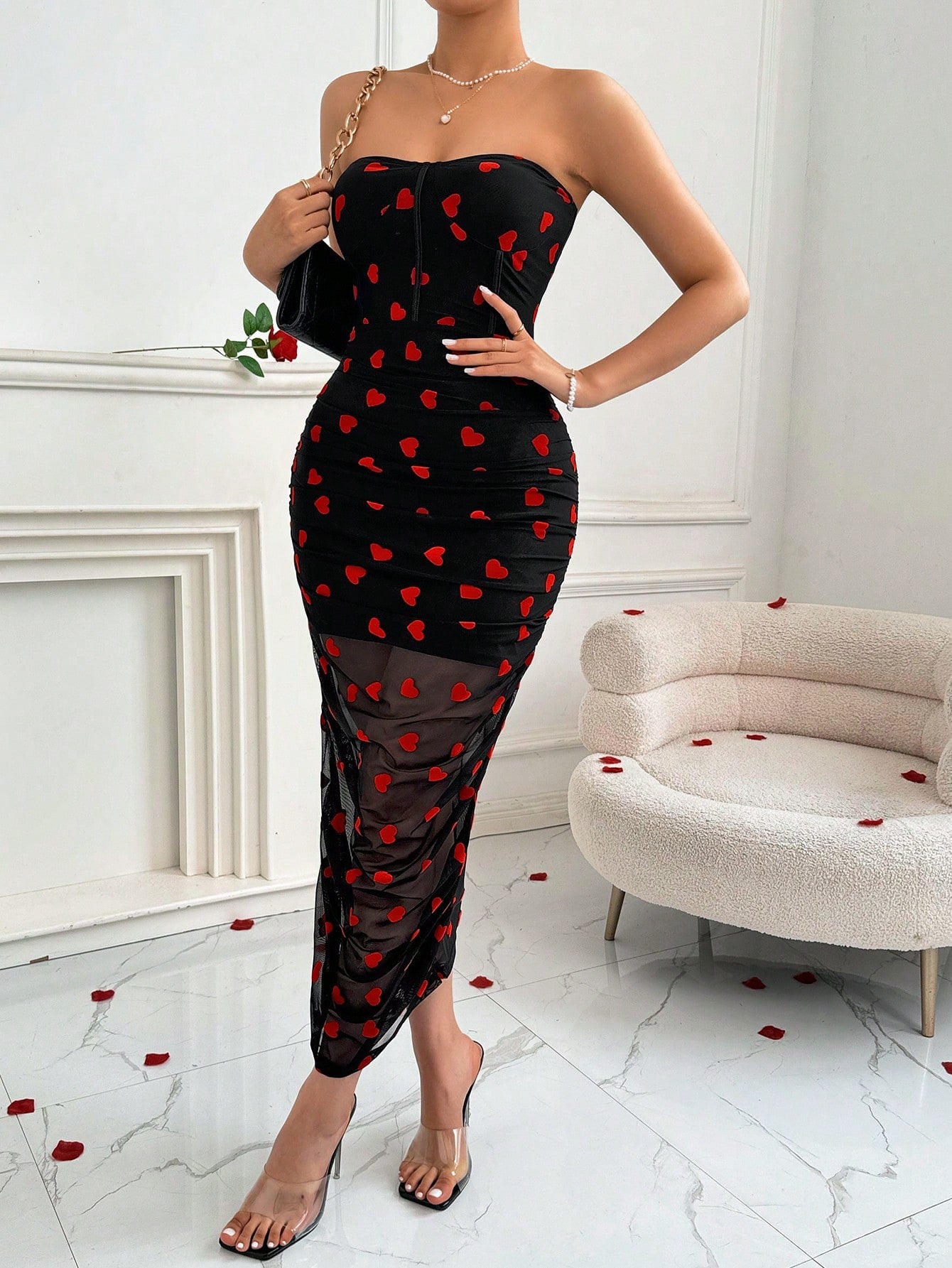 Valentine's Day Pleated Mesh Heart Pattern Print Bodycon Midi Dress