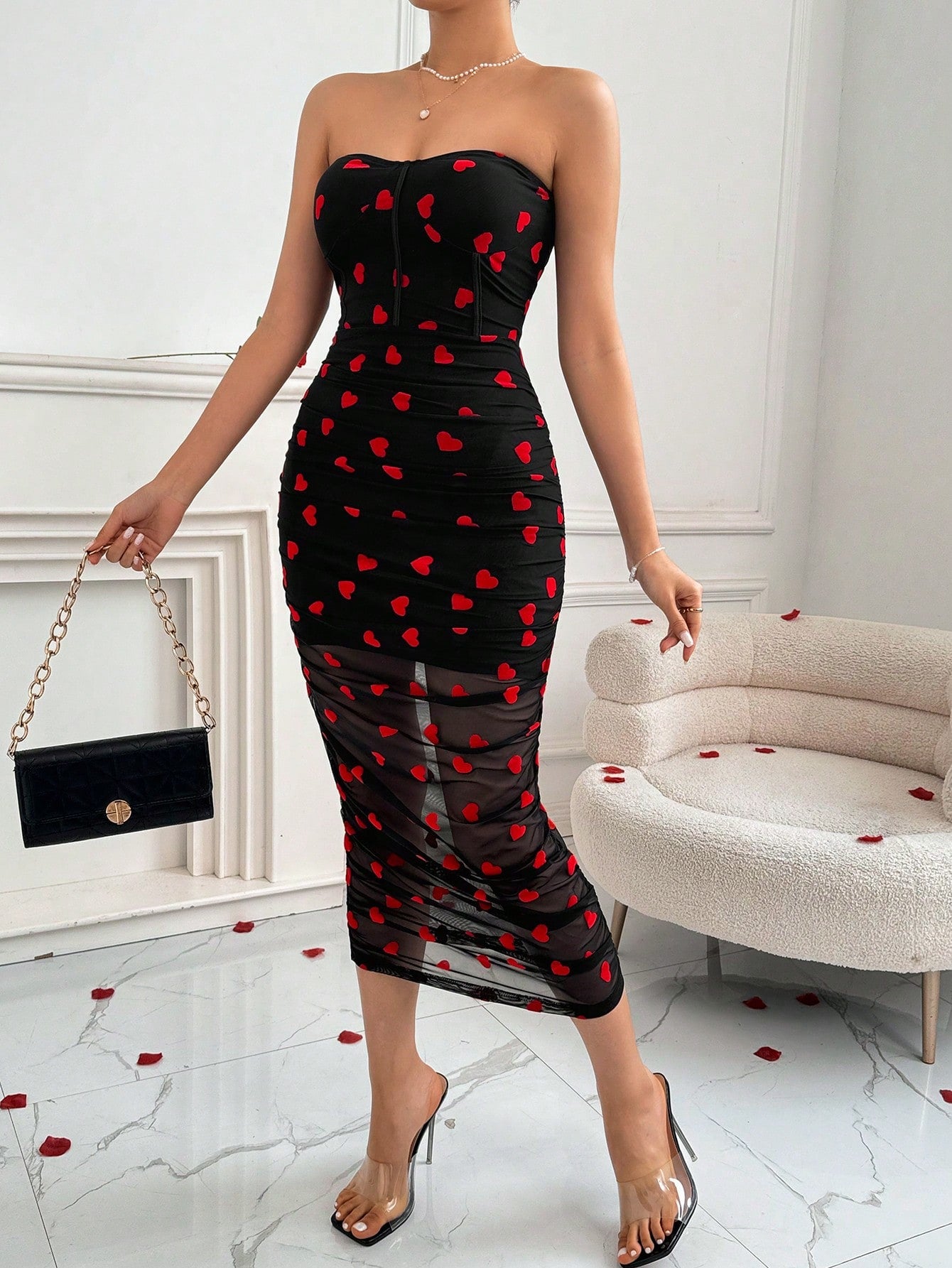 Valentine's Day Pleated Mesh Heart Pattern Print Bodycon Midi Dress