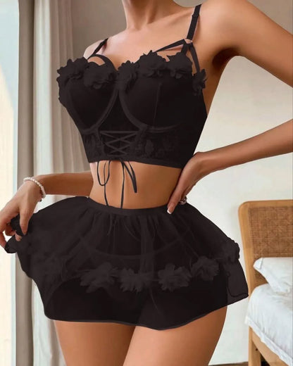 Floral Lace Underwire Garter Lingerie Set بيبي دول  3 قطع شفاف