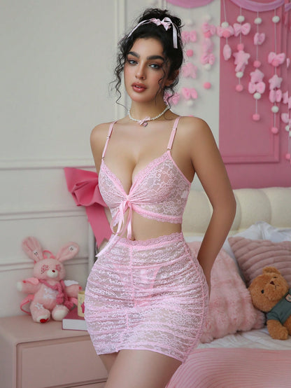 PetitDoll Set Lace Wire-Free Sexy  مشجر شفاف مع اربطه من الظهر