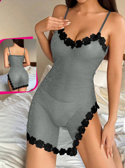 Sheer Mesh Splice Lace Sexy قميص شفاف لامع