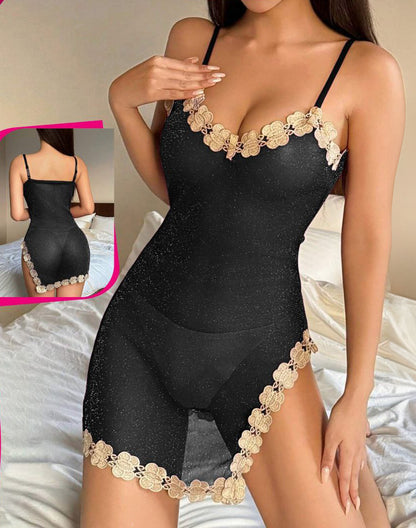 Sheer Mesh Splice Lace Sexy قميص شفاف لامع