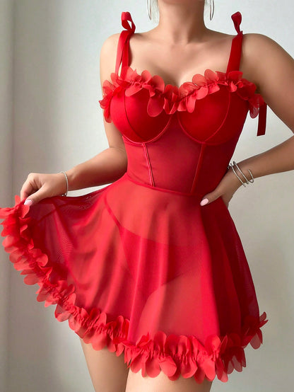 Red Sexy Mesh Romantic Flower  Lingerie Dress