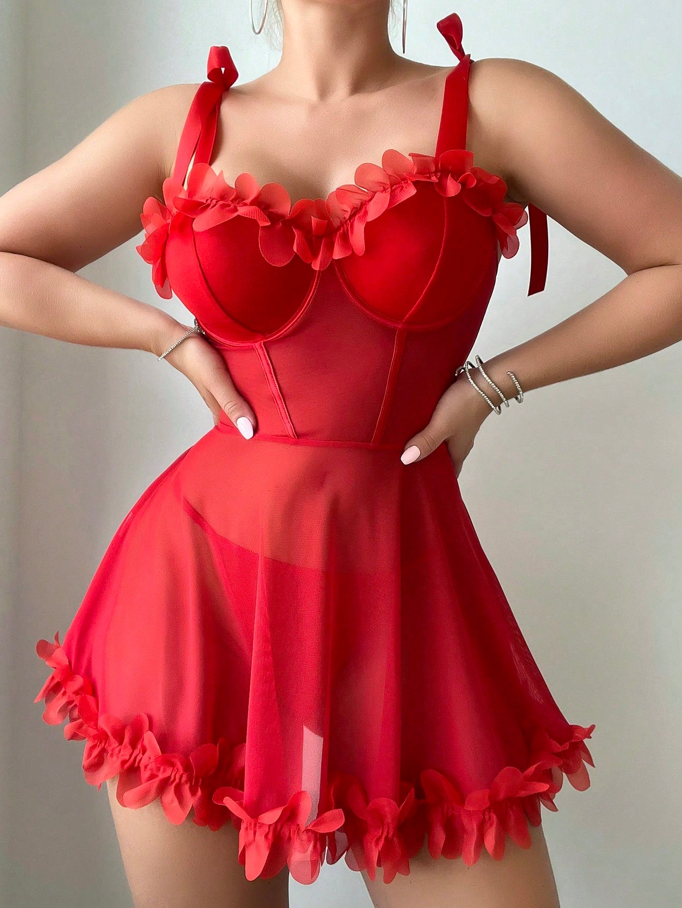 Red Sexy Mesh Romantic Flower  Lingerie Dress