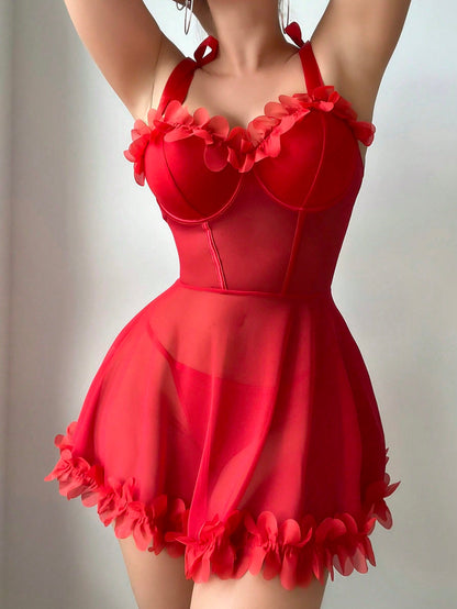 Red Sexy Mesh Romantic Flower  Lingerie Dress