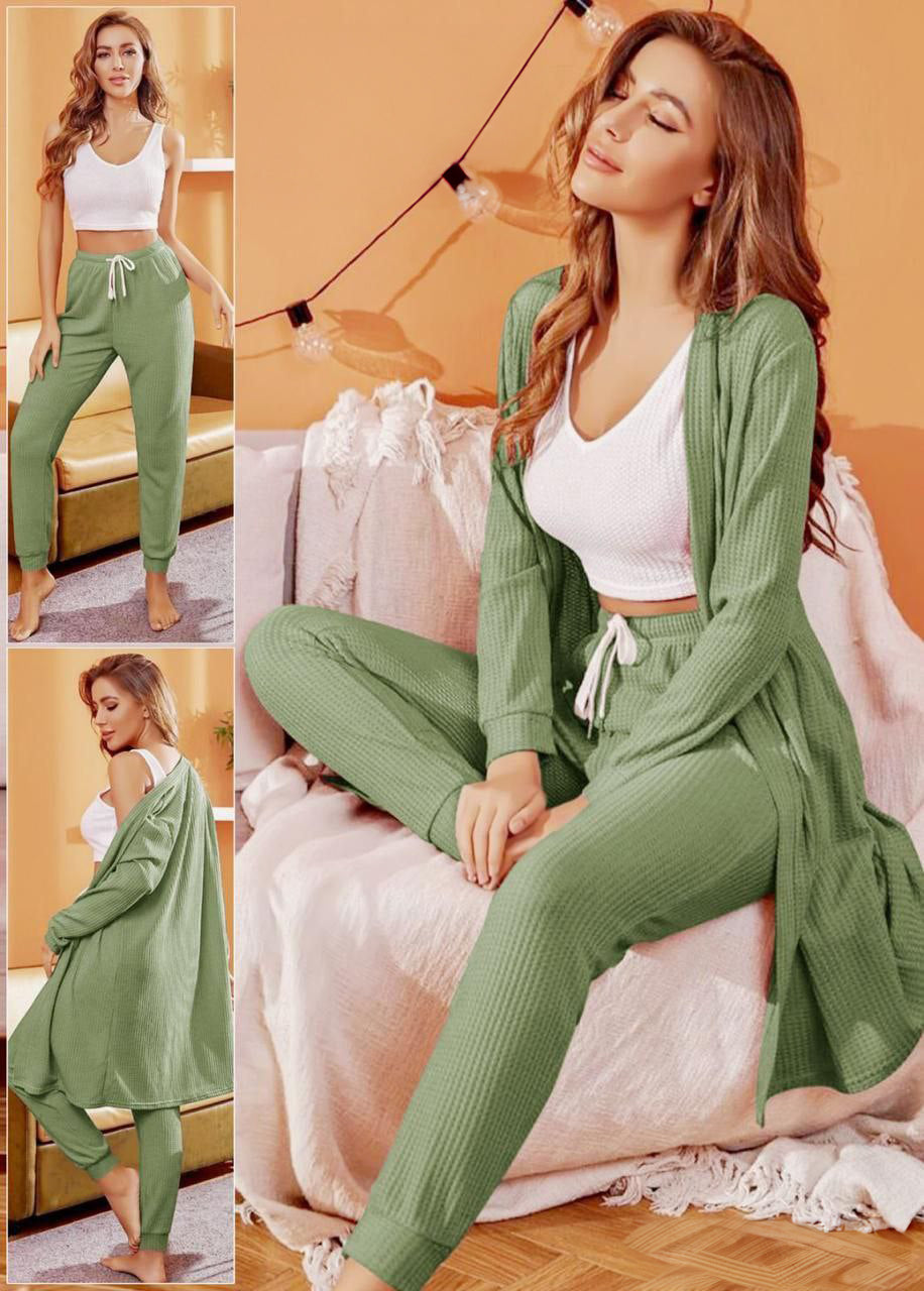 3pack Nightwear Solid Sleepwear Cami PJS with Pants Long Sleeve Robe Lounge Set بيجامه 3 قطع