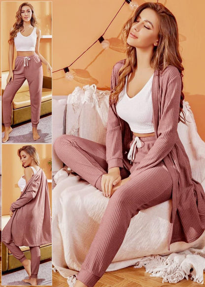 3pack Nightwear Solid Sleepwear Cami PJS with Pants Long Sleeve Robe Lounge Set بيجامه 3 قطع