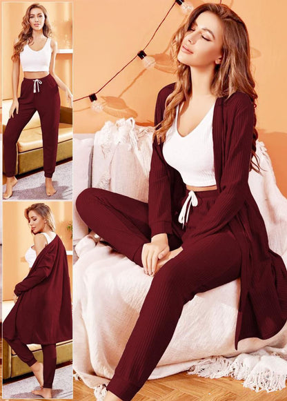 3pack Nightwear Solid Sleepwear Cami PJS with Pants Long Sleeve Robe Lounge Set بيجامه 3 قطع