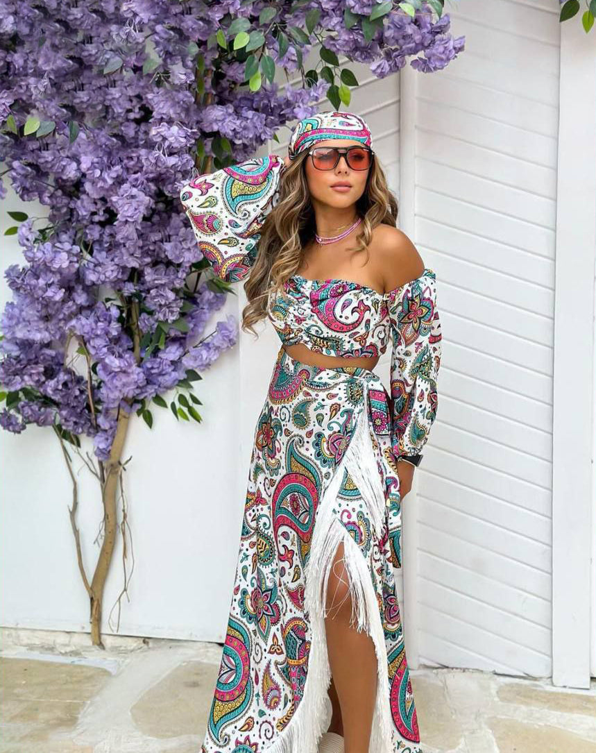 4pcs Retro Printed Off Shoulder dress طقم اربع قطع بالوان الصيف v