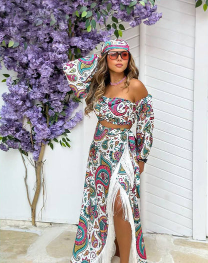 4pcs Retro Printed Off Shoulder dress طقم اربع قطع بالوان الصيف v