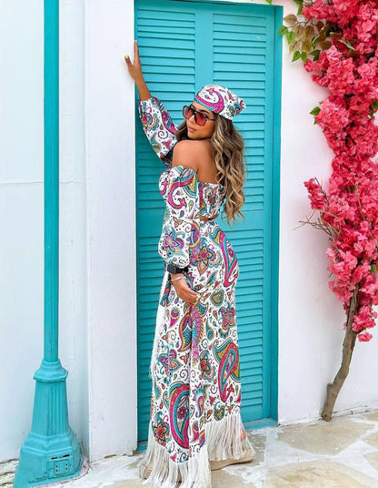 4pcs Retro Printed Off Shoulder dress طقم اربع قطع بالوان الصيف v