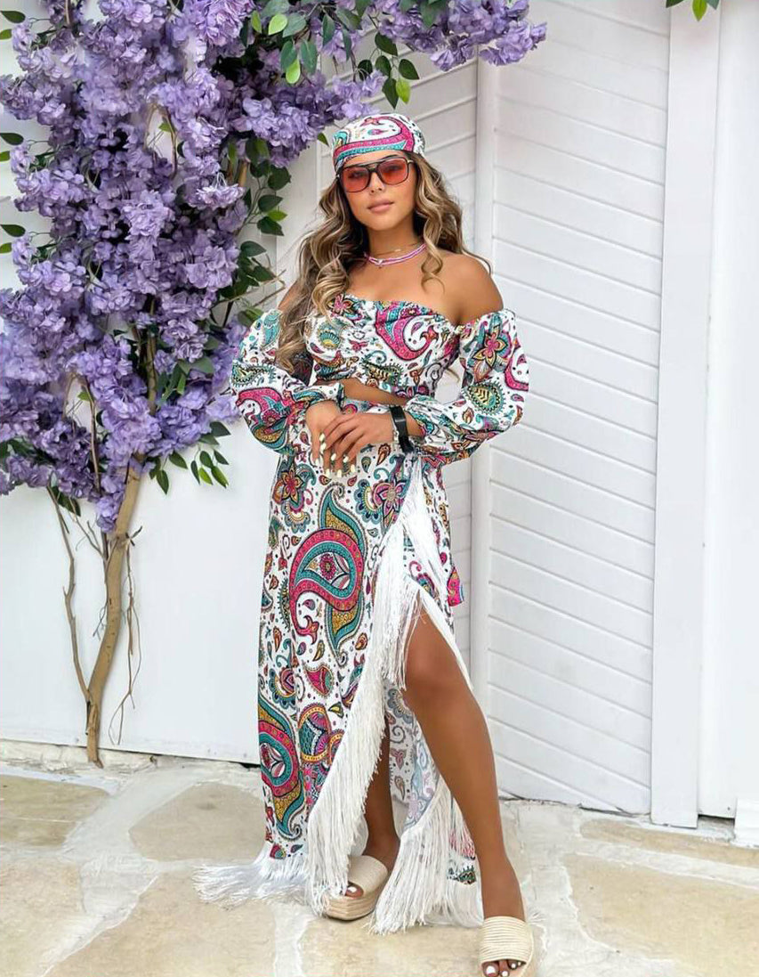 4pcs Retro Printed Off Shoulder dress طقم اربع قطع بالوان الصيف v