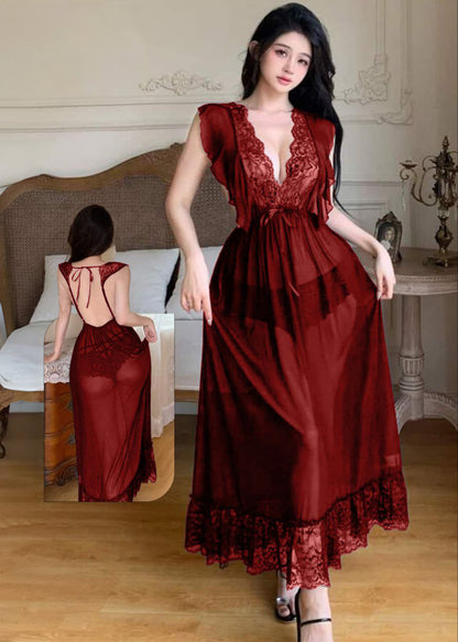 Lace Splicing Solid Color Perspective Backless Sexy Nightdress