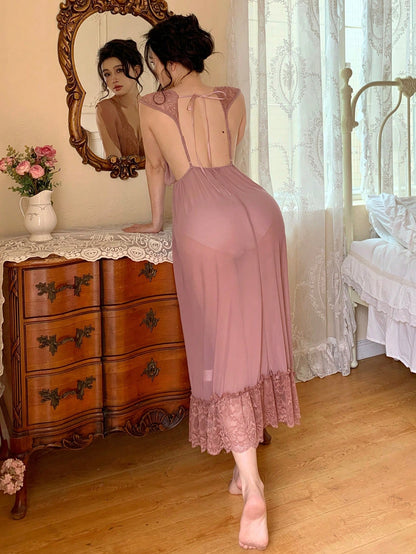 Lace Splicing Solid Color Perspective Backless Sexy Nightdress