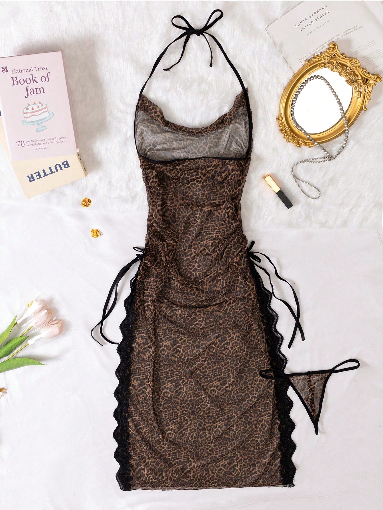 2pcs Sexy Lingerie High Slit Mesh Leopard Print Camisole Nightgown لانجري تايجر شفاف بفتحات جانبية – طقم قطعتين