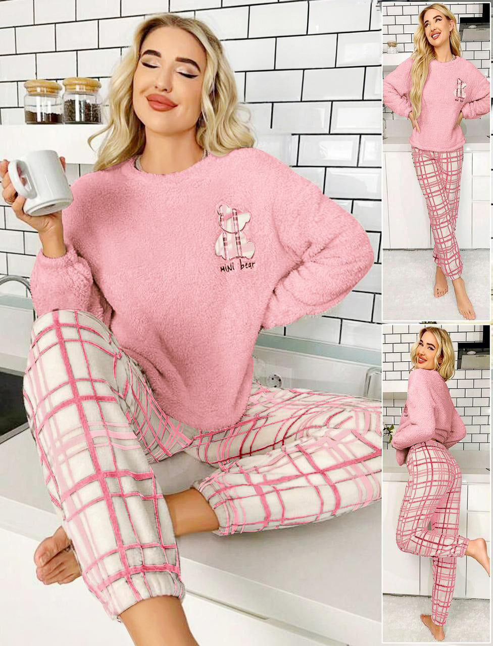 Letter Cartoon Bear Embroidery Plaid Teddy Pajama Set