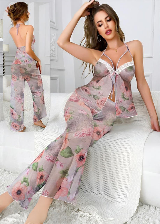 Ladies Floral Print Backless Halter Neck Top And Long Pants Pajama Set بيجامه تول