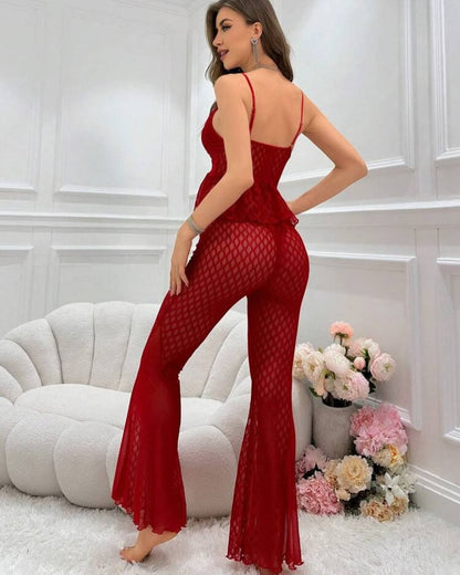 Contrast Lace Lettuce Trim Cami Top & Flare Leg Pants Pajama Set