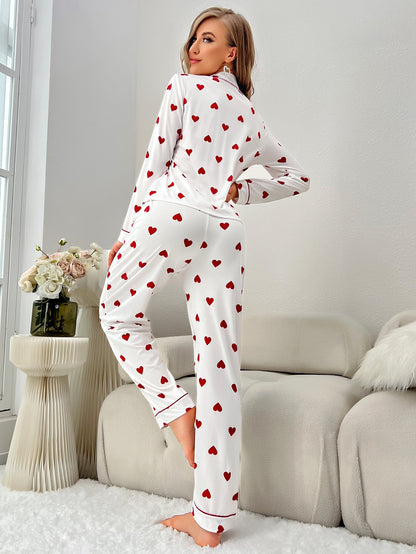 Heart Print Contrast Piping PJ Set بيجامه قطن 3 قطع