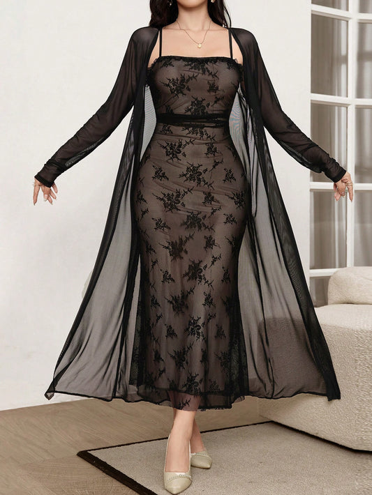 2pcs/Set Elegant Mesh Jacket And Slip Dress For Women طقم قطعتين روب شفاف مع قميص طبقتين