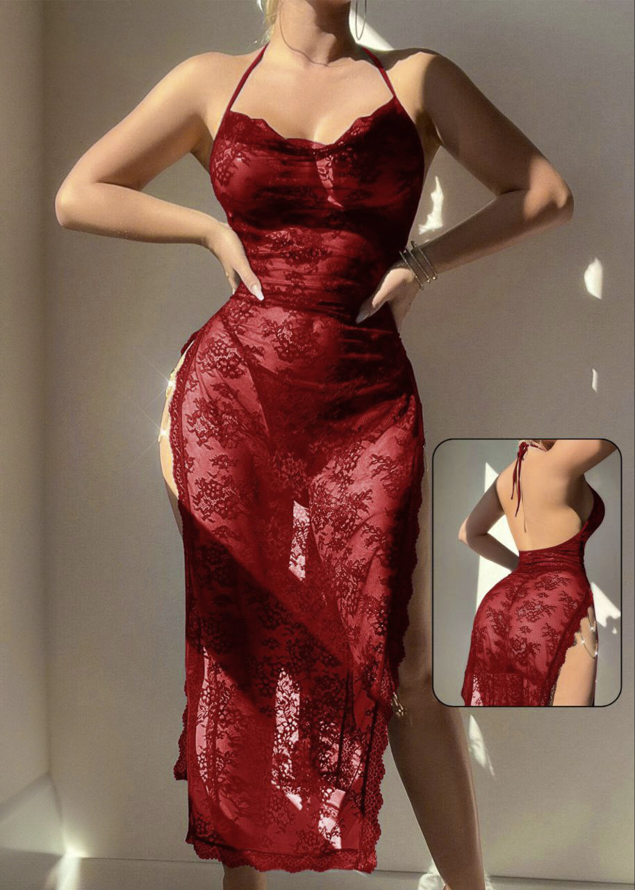 Luxurious Sexy Long Dress With Neck Hanging Embroidered Lace Mesh Slit شيفون طويل شفاف