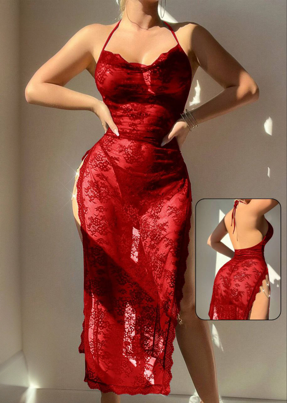 Luxurious Sexy Long Dress With Neck Hanging Embroidered Lace Mesh Slit شيفون طويل شفاف