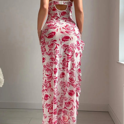 2pcs/Set Romantic Floral Print Ruffle Trim Spaghetti Strap High Slit Dress