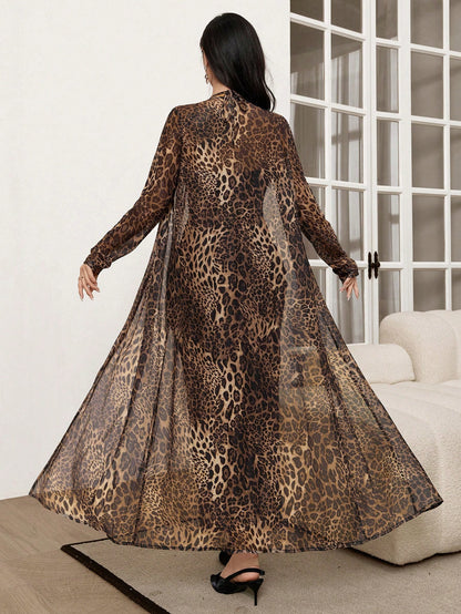 2pcs/Set Leopard Print Mesh Sleeveless Dress And Cardigan طقم قطعتين روب و قميص زبده