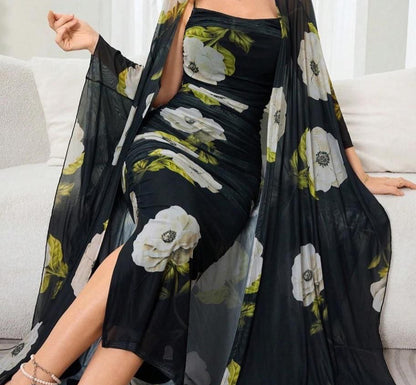 Modelyn Floral Print Cami Bodycon Dress & Open Front Coat Two Pieces 2 Pieces Set