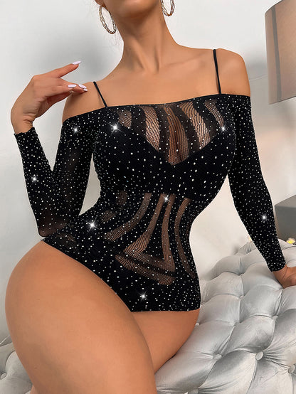 Classic Sexy Rhinestone Studded Fishnet Teddy Bodysuit