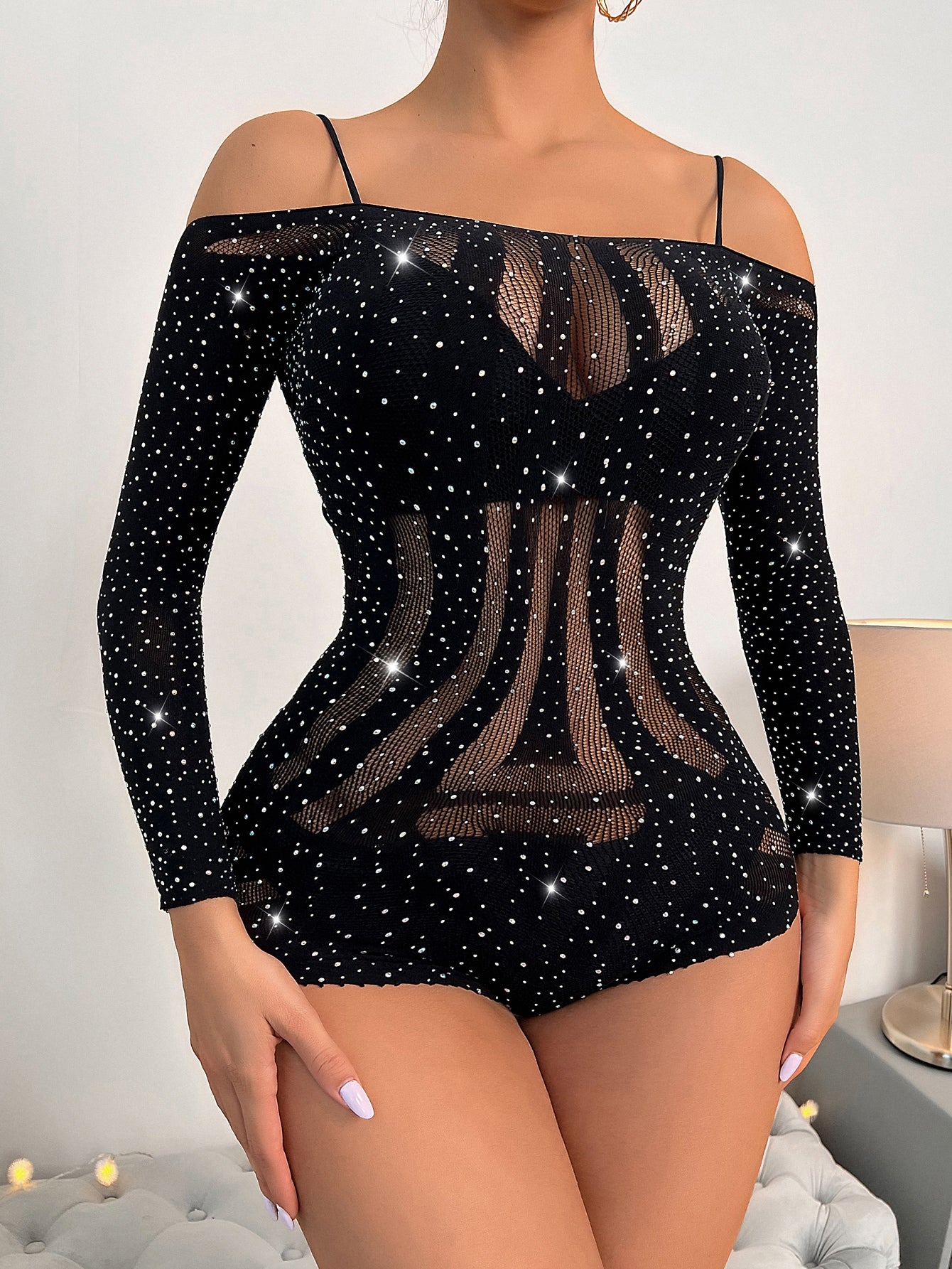 Classic Sexy Rhinestone Studded Fishnet Teddy Bodysuit