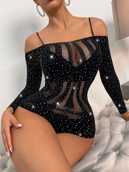 Classic Sexy Rhinestone Studded Fishnet Teddy Bodysuit