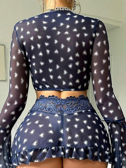 PetitDoll 3pcs Women's Sexy Lingerie Set (Front Hook Flare Sleeve Top, Thong, Mini Skirt) (Valentine's Day Collection) Bridallingerie