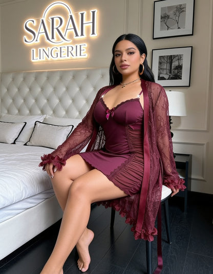 Lace Robe With  Lace Camisole Slip Dress With Waist Cinching Design (curvy)