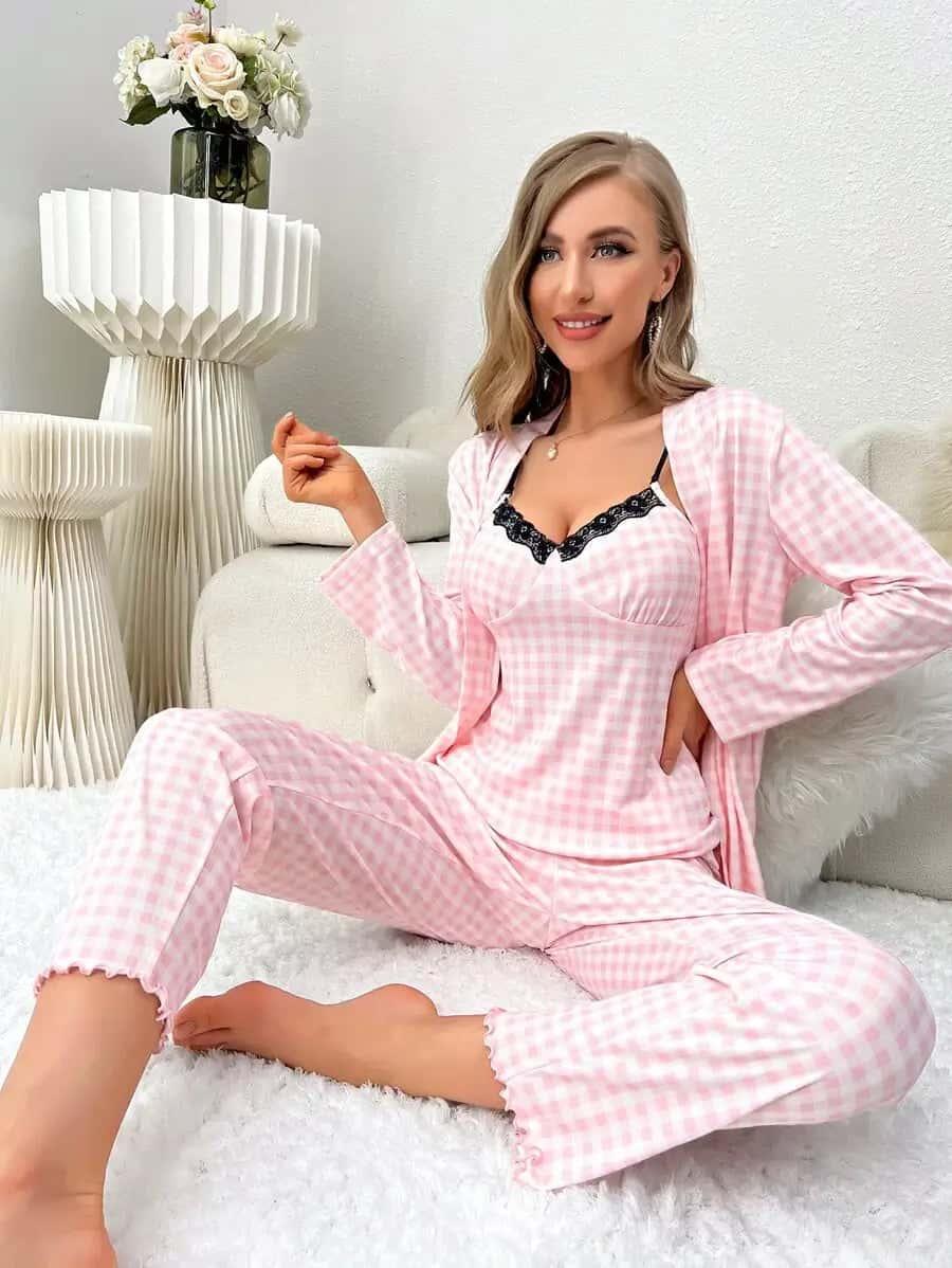 3pcs Plaid Contrast Lace PJ Set