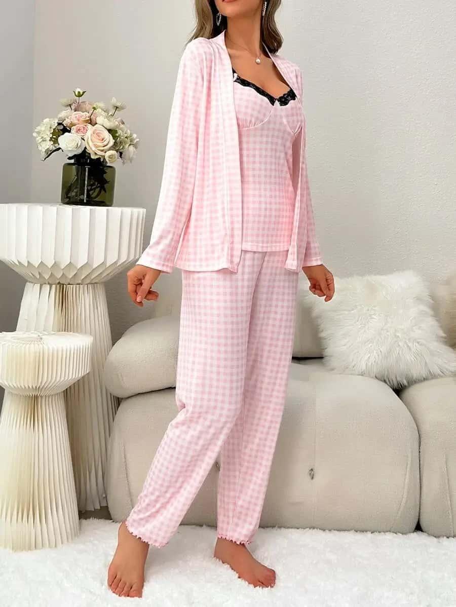 3pcs Plaid Contrast Lace PJ Set